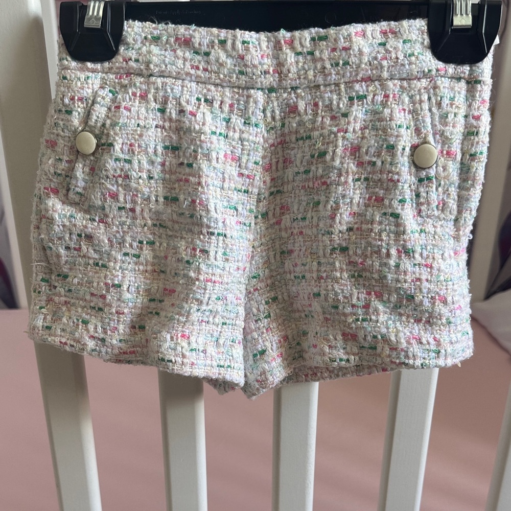 Janie and Jack White Tweed High-Waist Shorts with Pink & Green Flecks